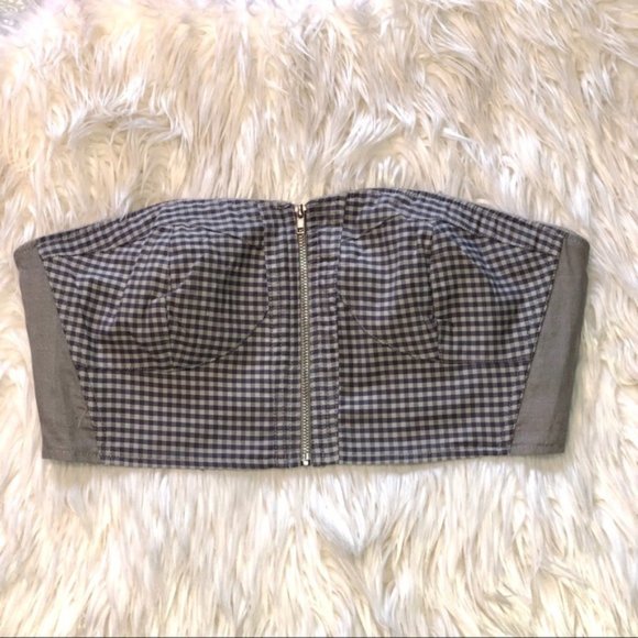NWOT - Grey Front Zipper Bandeau Crop Top Gingham - Picture 6 of 6